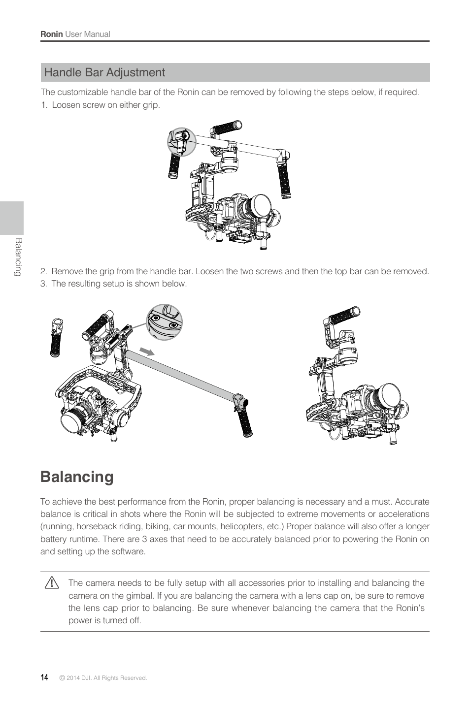 Handle bar adjustment, Balancing | DJI Ronin User Manual | Page 14 / 36