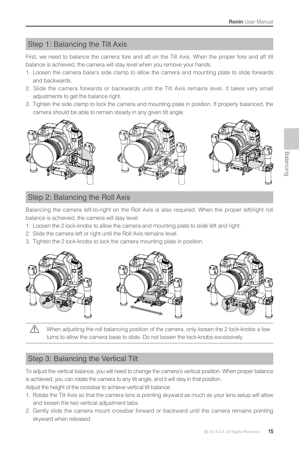 Step 1: balancing the tilt axis, Step 2: balancing the roll axis, Step 3: balancing the vertical tilt | DJI Ronin User Manual | Page 15 / 36