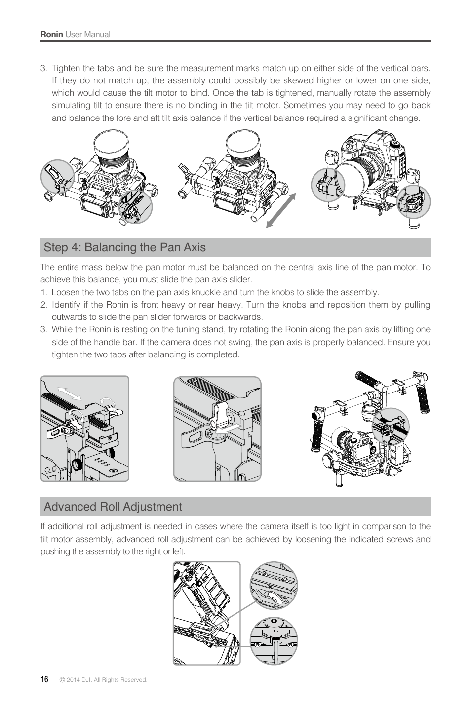 Step 4: balancing the pan axis, Advanced roll adjustment | DJI Ronin User Manual | Page 16 / 36