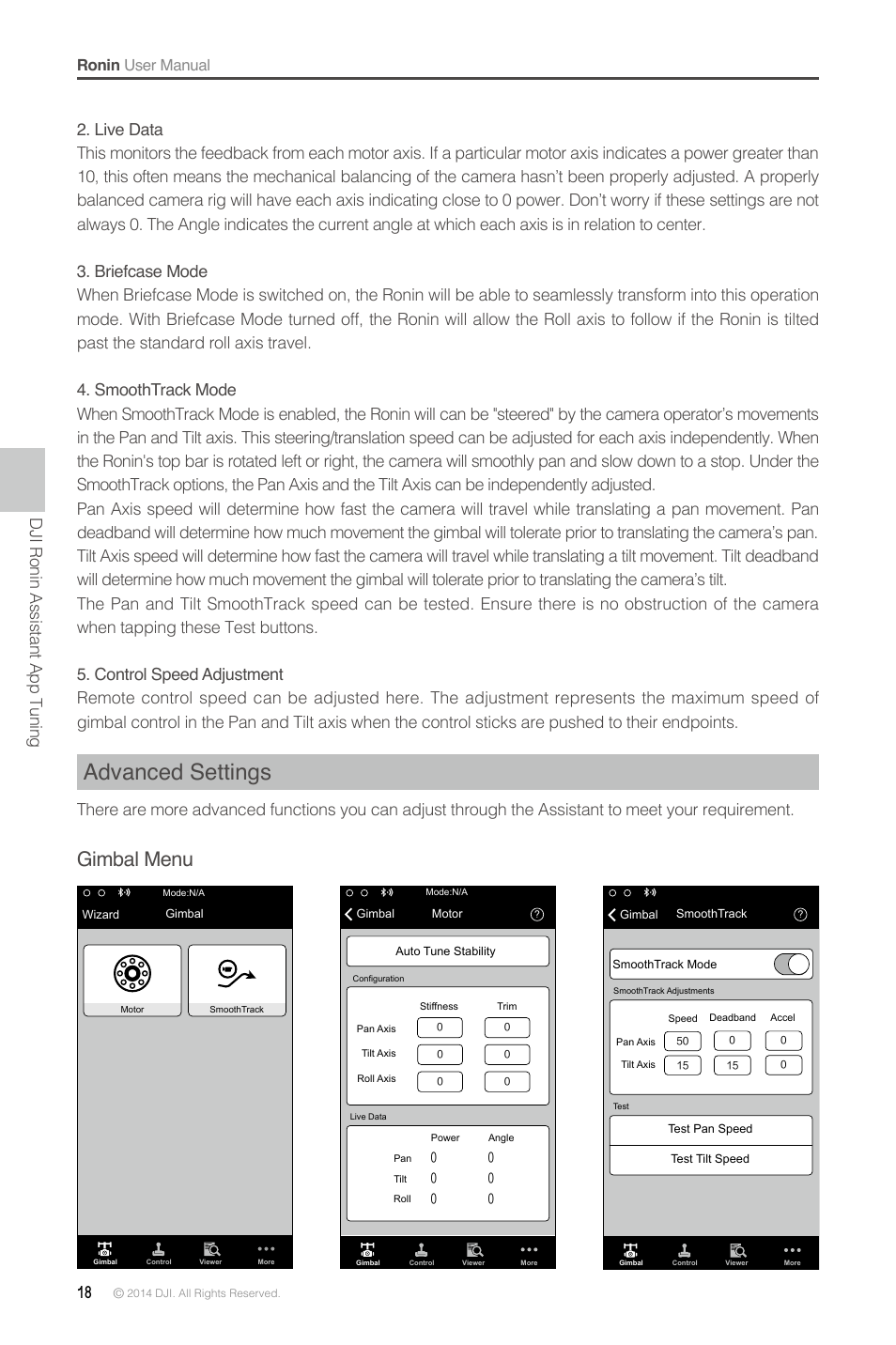 Advanced settings, Gimbal menu, Dji ronin assistant app tuning | DJI Ronin User Manual | Page 18 / 36
