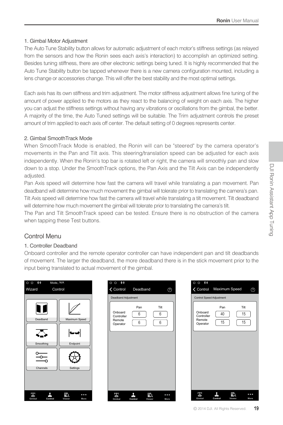 Control menu, Dji ronin assistant app tuning | DJI Ronin User Manual | Page 19 / 36