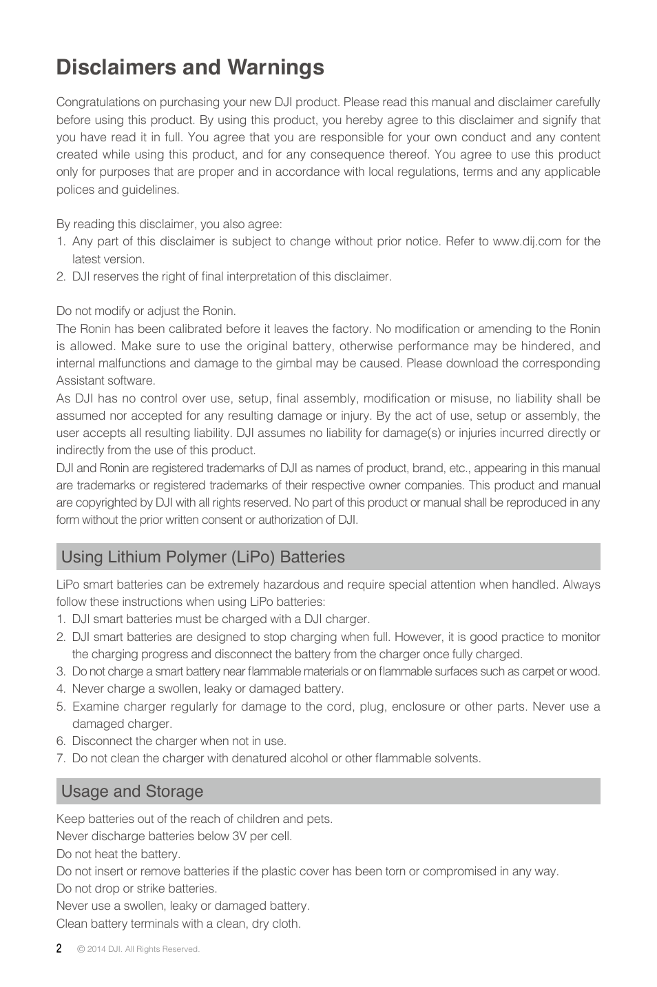 Disclaimers and warnings, Using lithium polymer (lipo) batteries, Usage and storage | DJI Ronin User Manual | Page 2 / 36