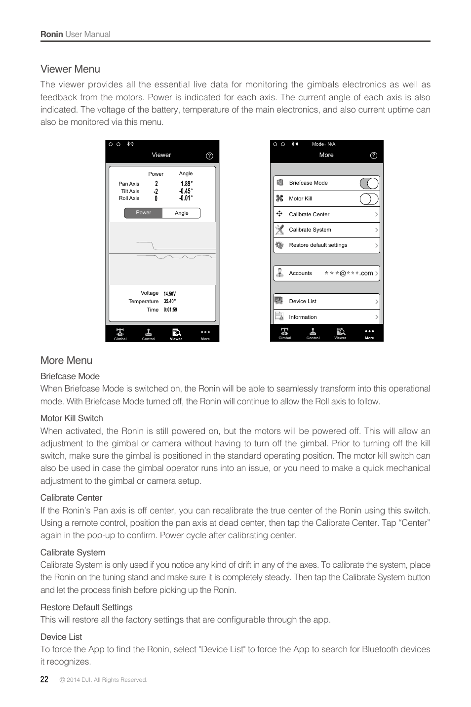 More menu, Viewer menu | DJI Ronin User Manual | Page 22 / 36