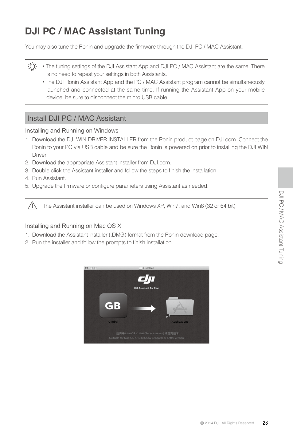 Dji pc / mac assistant tuning, Install dji pc / mac assistant | DJI Ronin User Manual | Page 23 / 36