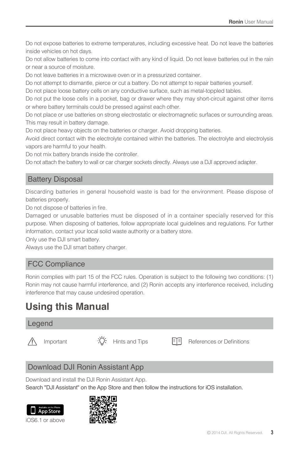 Battery disposal, Fcc compliance, Using this manual | Legend, Download dji ronin assistant app | DJI Ronin User Manual | Page 3 / 36