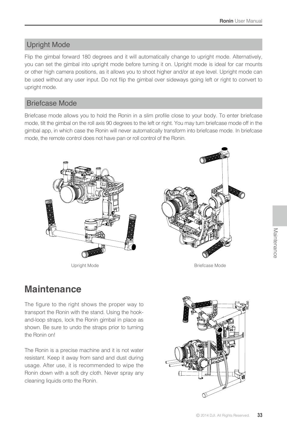 Upright mode, Briefcase mode, Maintenance | DJI Ronin User Manual | Page 33 / 36