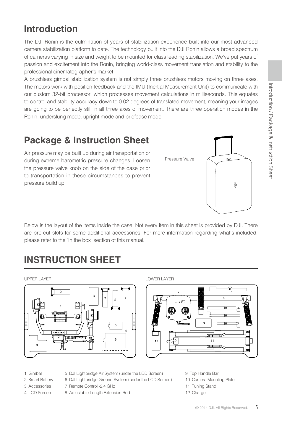 Introduction, Package & instruction sheet, Instruction sheet | DJI Ronin User Manual | Page 5 / 36