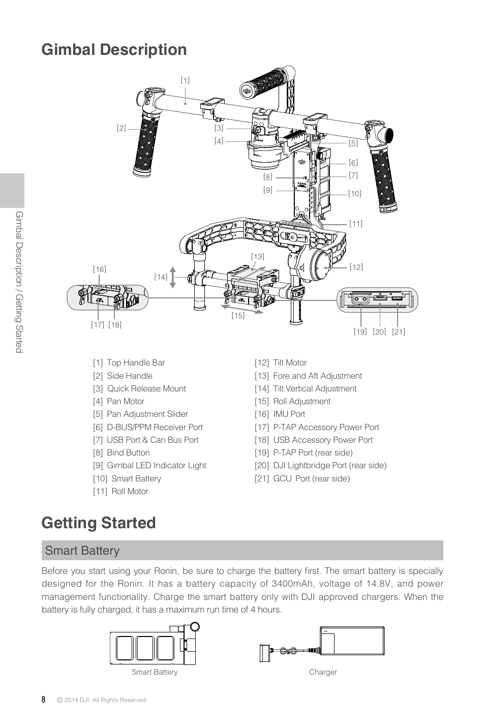 Gimbal description, Getting started, Smart battery | Gimbal description getting started | DJI Ronin User Manual | Page 8 / 36