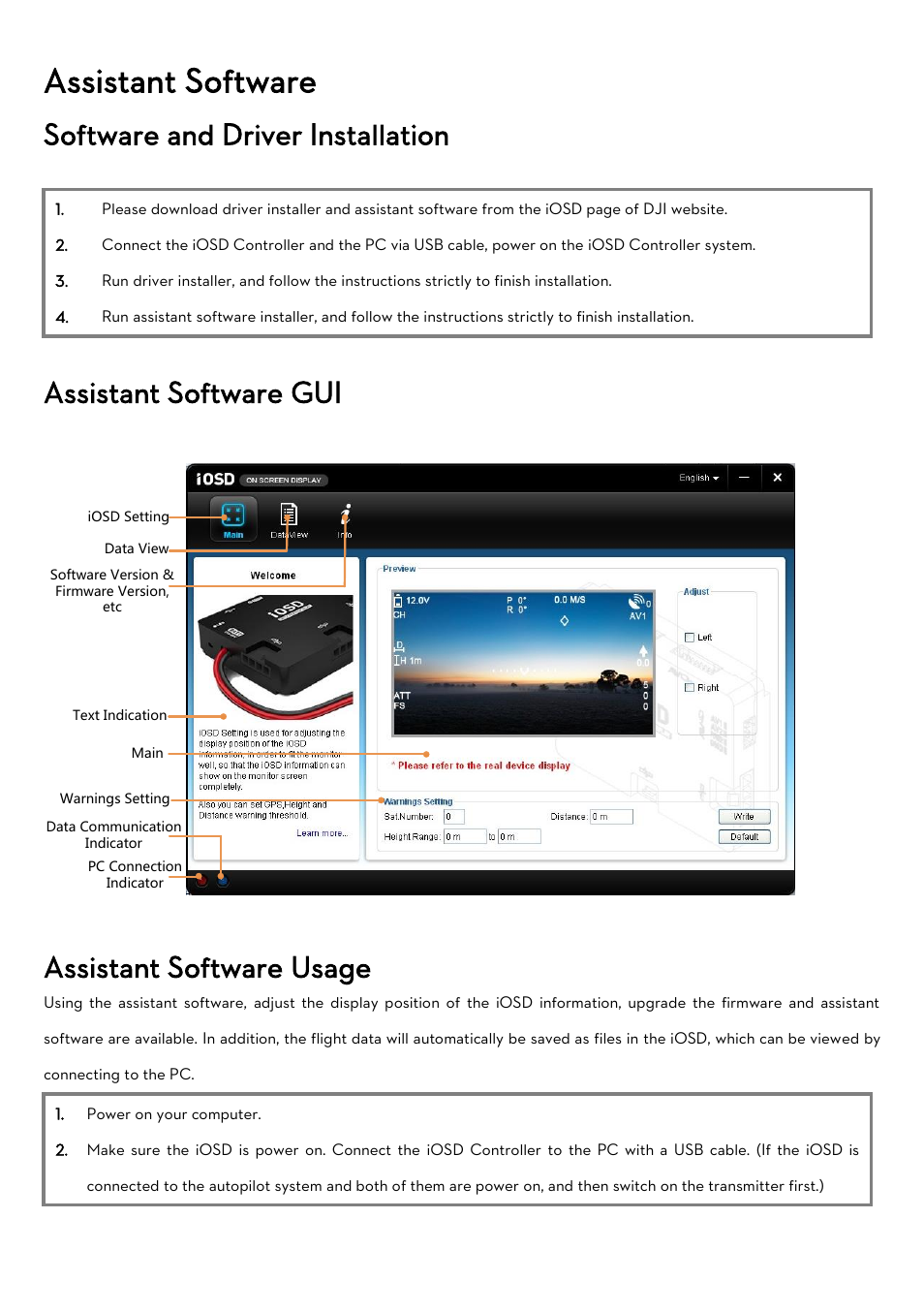Software and driver installation, Assistant software gui, Assistant software usage | Assistant software | DJI iOSD MARK II User Manual | Page 10 / 17