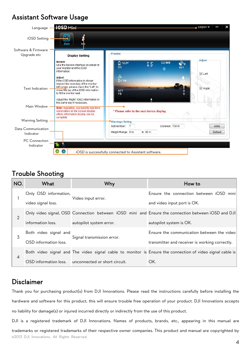 Assistant software usage, Trouble shooting, Disclaimer | DJI iOSD mini User Manual | Page 4 / 5