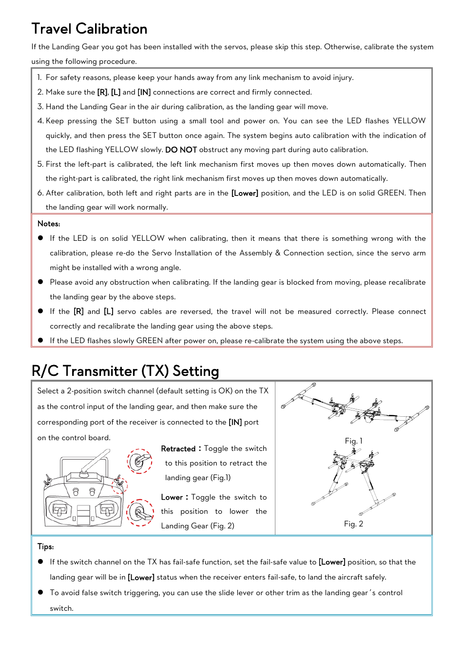Travel calibration, R/c transmitter (tx) setting | DJI S800 User Manual | Page 3 / 6
