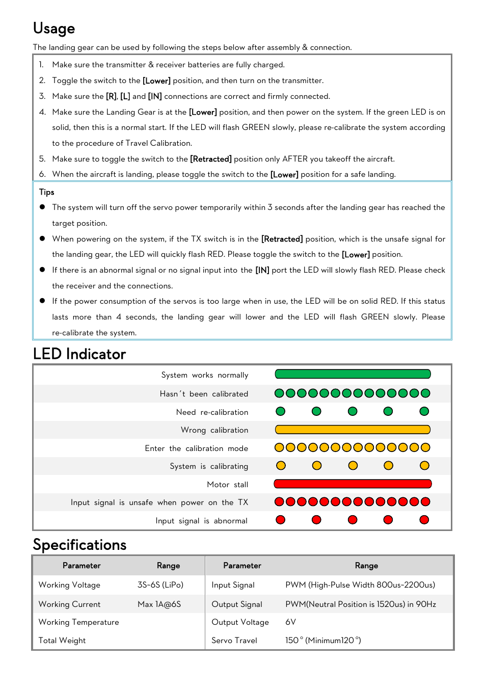 Usage, Led indicator, Specifications | DJI S800 User Manual | Page 4 / 6