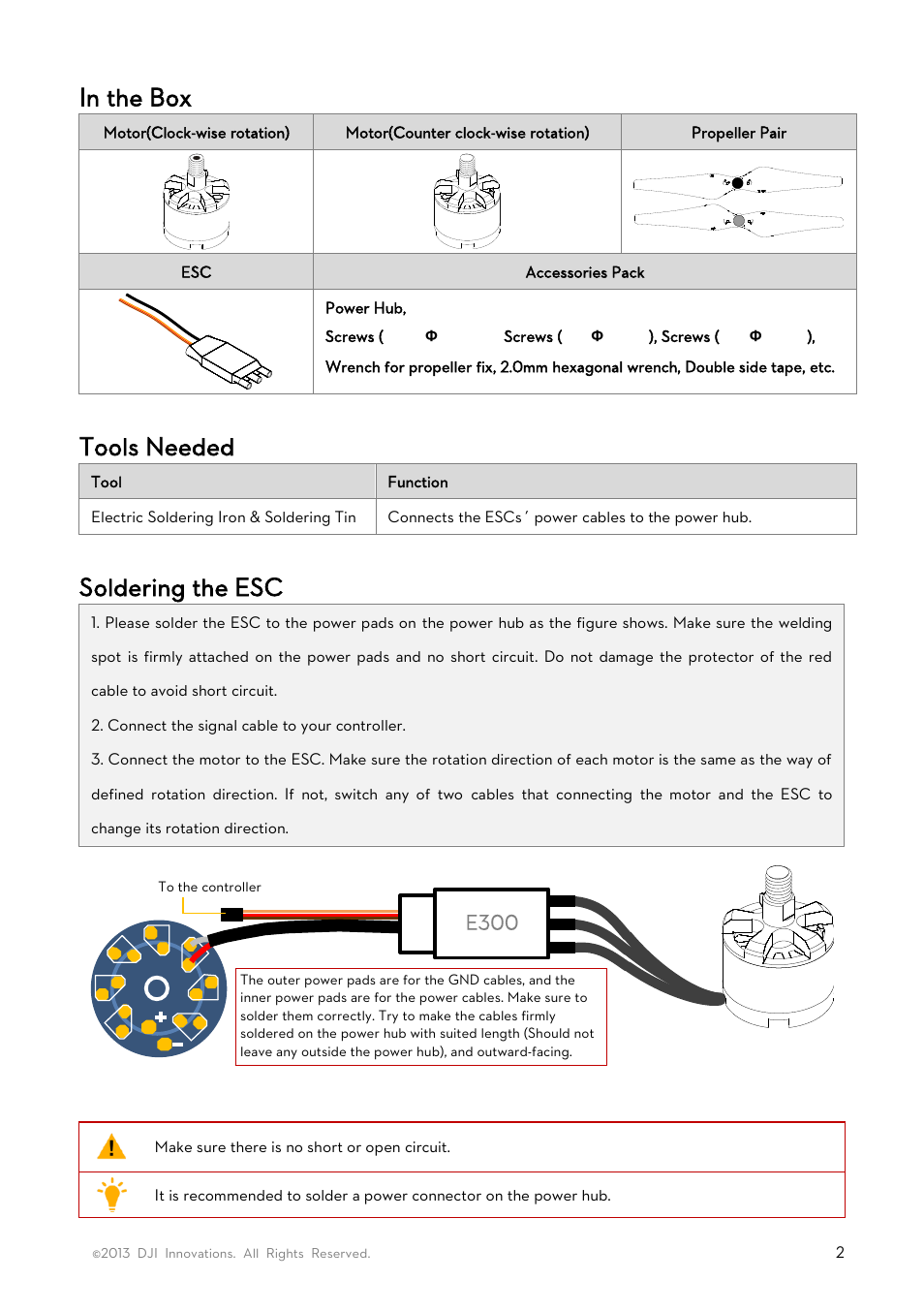 In the box, Tools needed, Soldering the esc | E300 | DJI E300 User Manual | Page 2 / 4