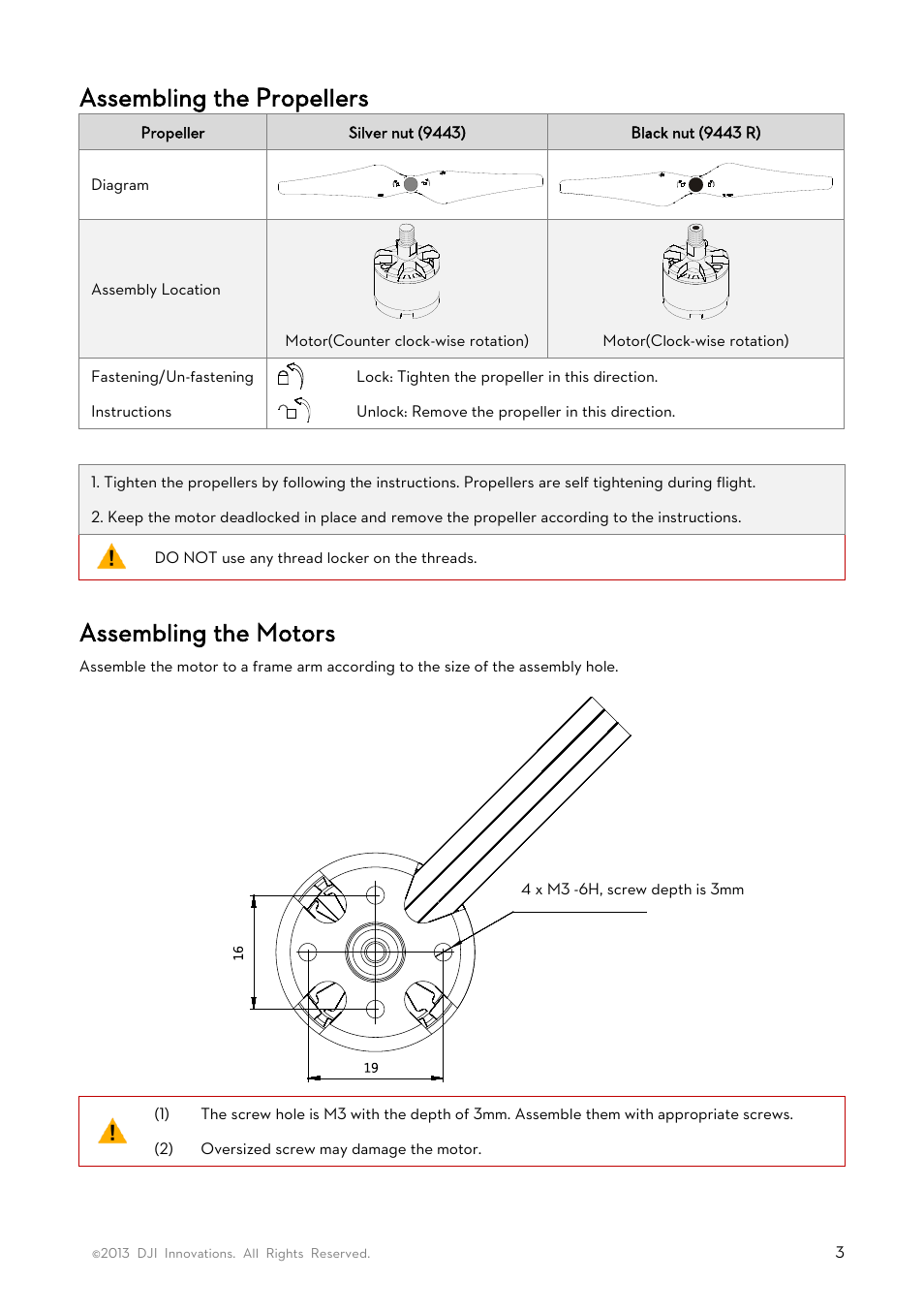 Assembling the propellers, Assembling the motors | DJI E300 User Manual | Page 3 / 4