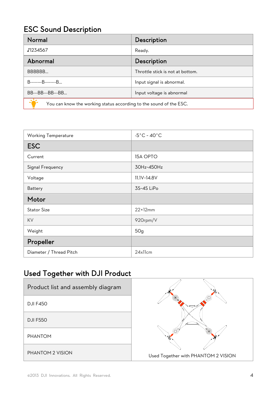 Esc sound description, Specifications, Used together with dji product | Motor, Propeller | DJI E300 User Manual | Page 4 / 4