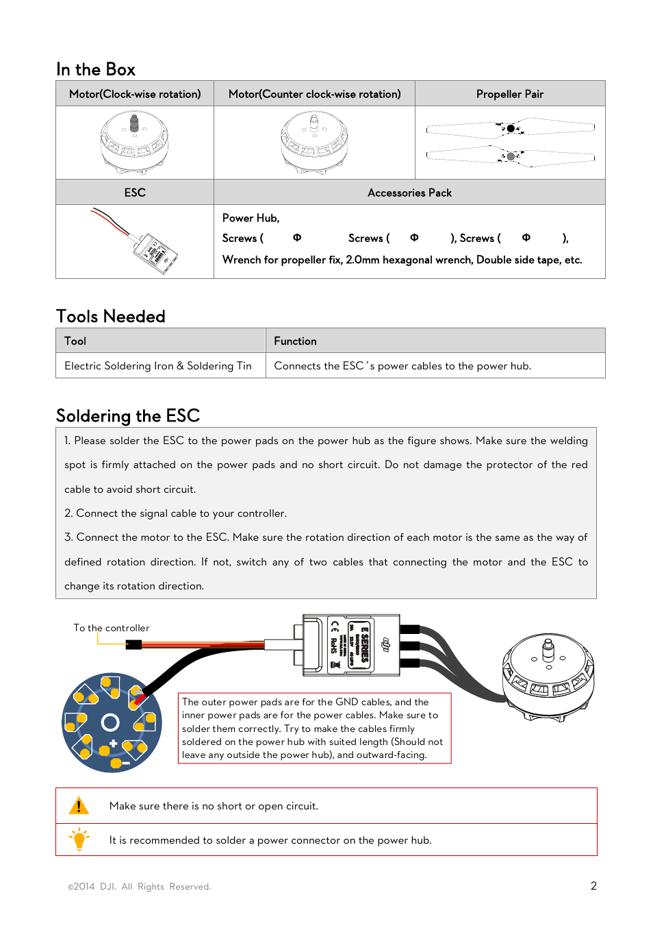 In the box, Tools needed, Soldering the esc | DJI E600 User Manual | Page 2 / 4