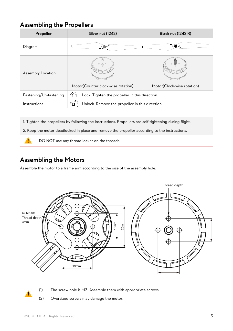 Assembling the propellers, Assembling the motors | DJI E600 User Manual | Page 3 / 4