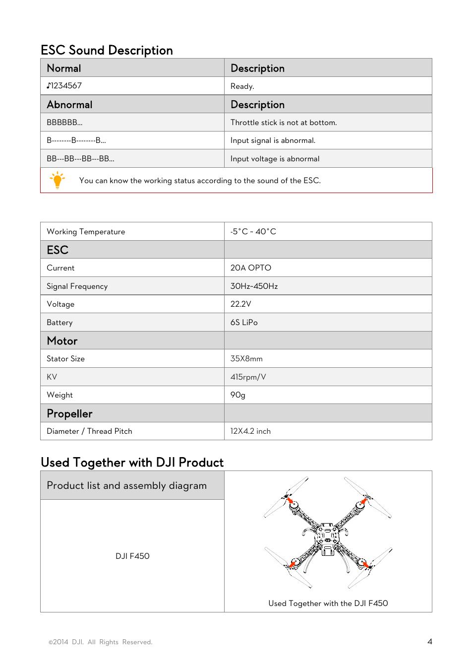 Esc sound description, Specifications, Used together with dji product | Motor, Propeller | DJI E600 User Manual | Page 4 / 4