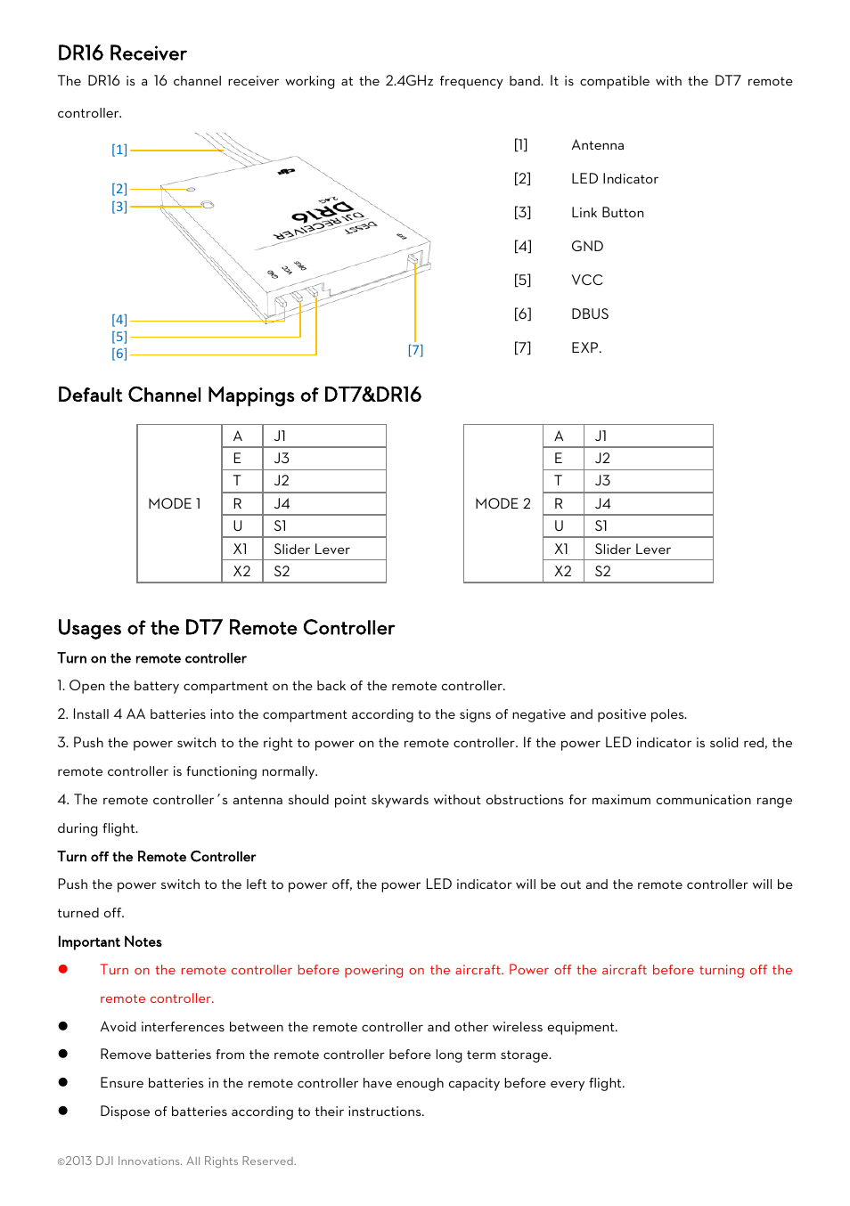 Dr16 receiver, Default channel mappings of dt7&dr16, Usages of the dt7 remote controller | DJI DR16 User Manual | Page 2 / 4