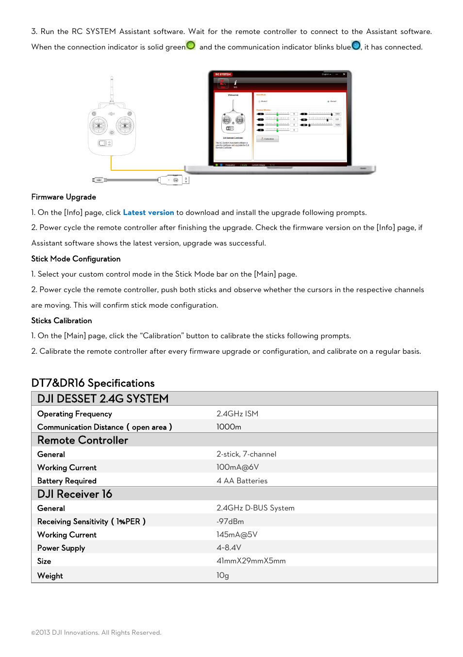 Dt7&dr16 specifications, Remote controller, Dji receiver 16 | DJI DR16 User Manual | Page 4 / 4
