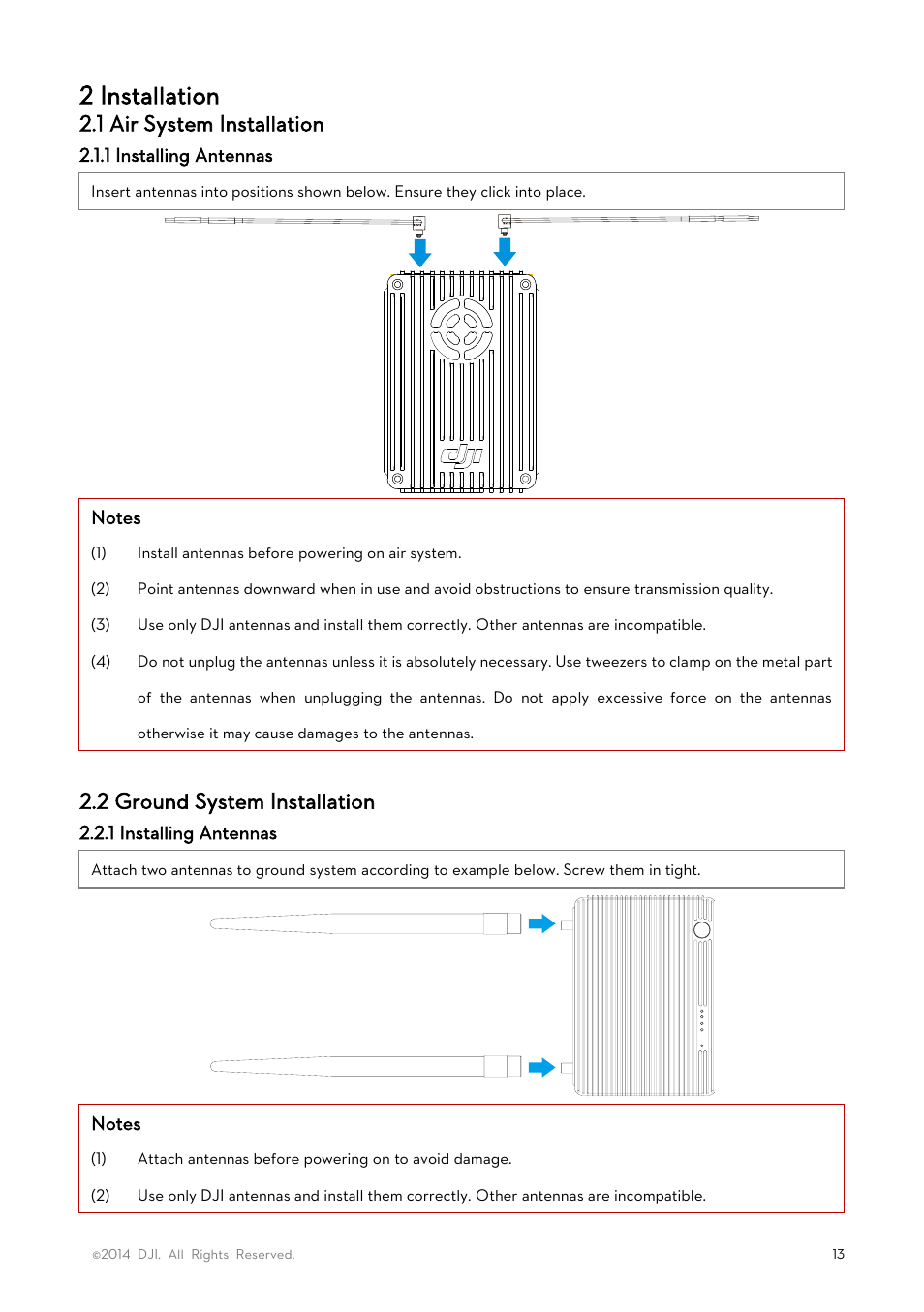 2 installation, 1 air system installation, 1 installing antennas | 2 ground system installation | DJI Lightbridge User Manual User Manual | Page 13 / 48