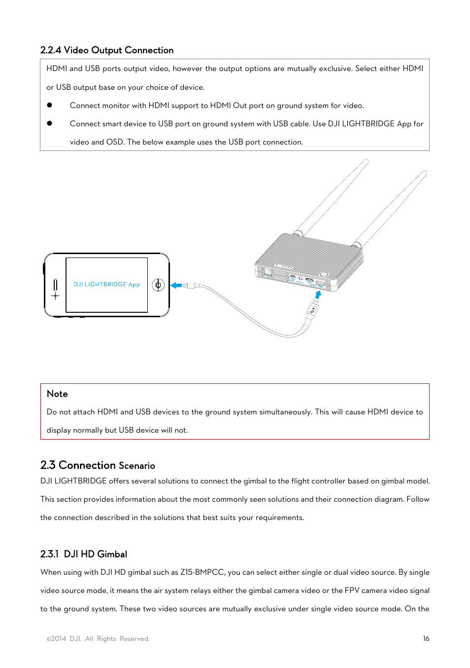 4 video output connection, 3 connection scenario, 1 dji hd gimbal | 3 connection | DJI Lightbridge User Manual User Manual | Page 16 / 48