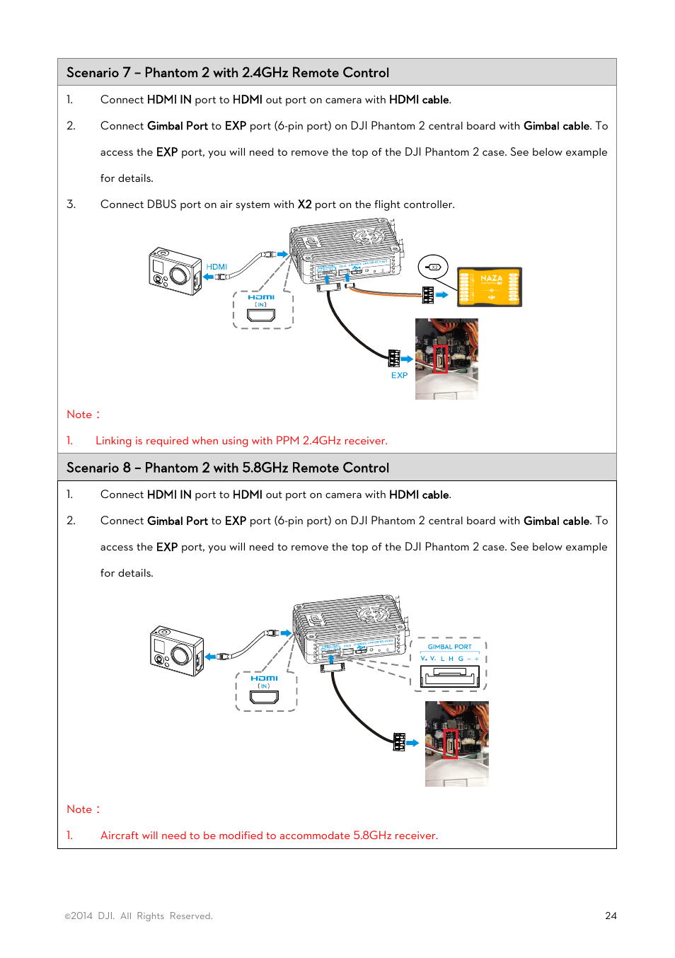 Scenario 7 – phantom 2 with 2.4ghz remote control, Scenario 8 – phantom 2 with 5.8ghz remote control | DJI Lightbridge User Manual User Manual | Page 24 / 48