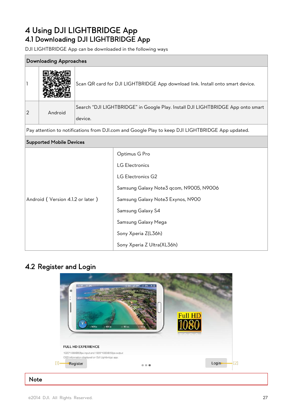 4 using dji lightbridge app, 1 downloading dji lightbridge app, 2 register and login | DJI Lightbridge User Manual User Manual | Page 27 / 48