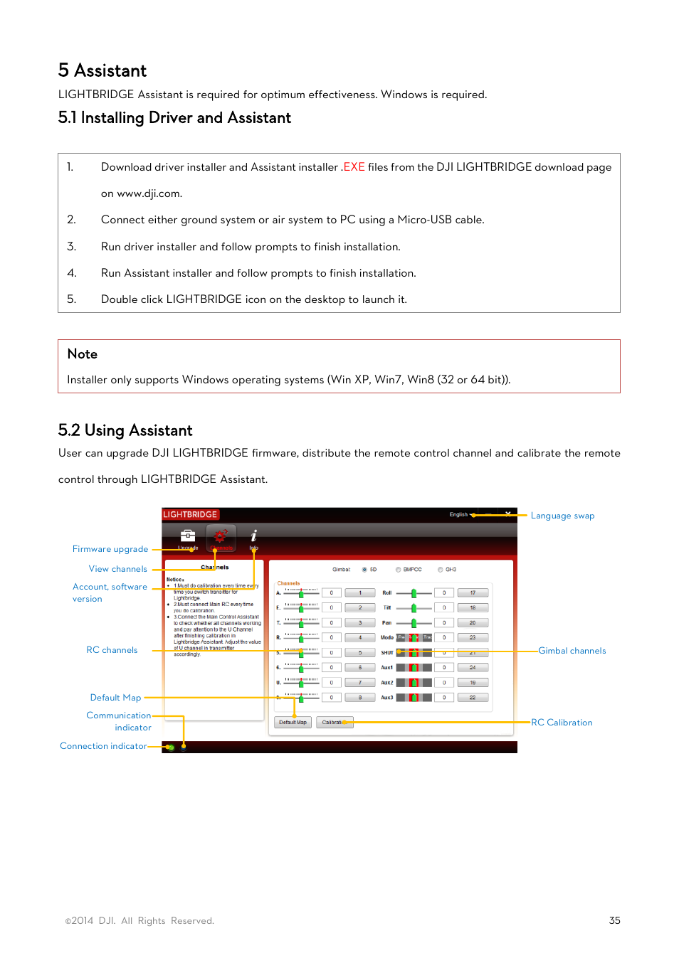 5 assistant, 1 installing driver and assistant, 2 using assistant | DJI Lightbridge User Manual User Manual | Page 35 / 48