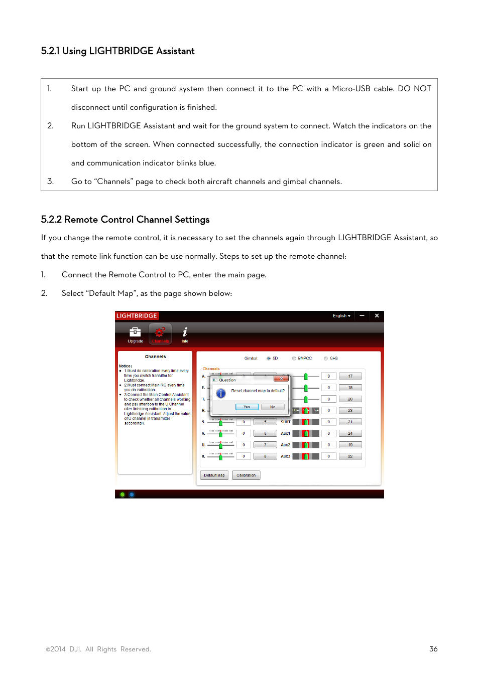 1 using lightbridge assistant, 2 remote control channel settings | DJI Lightbridge User Manual User Manual | Page 36 / 48