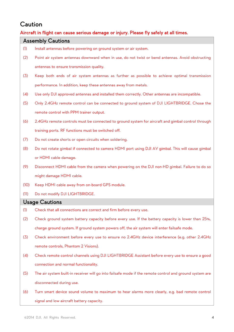 Caution, Assembly cautions, Usage cautions | DJI Lightbridge User Manual User Manual | Page 4 / 48