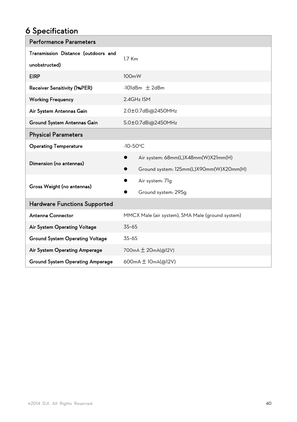 6 specification | DJI Lightbridge User Manual User Manual | Page 40 / 48