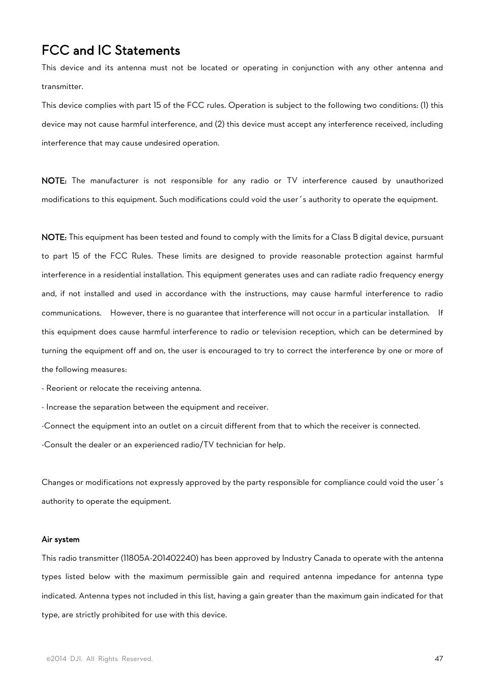 Fcc and ic statements | DJI Lightbridge User Manual User Manual | Page 47 / 48