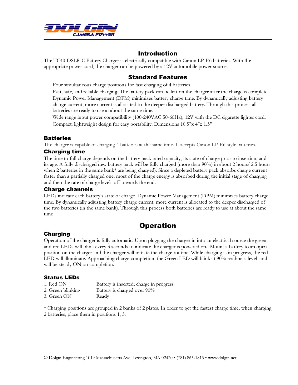 Operation | Dolgin Engineering TC40-DSLR Canon Charger User Manual  User Manual | Page 2 / 2