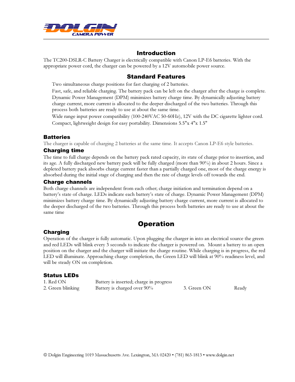 Operation | Dolgin Engineering TC200-DSLR Canon Charger User Manual  User Manual | Page 2 / 2