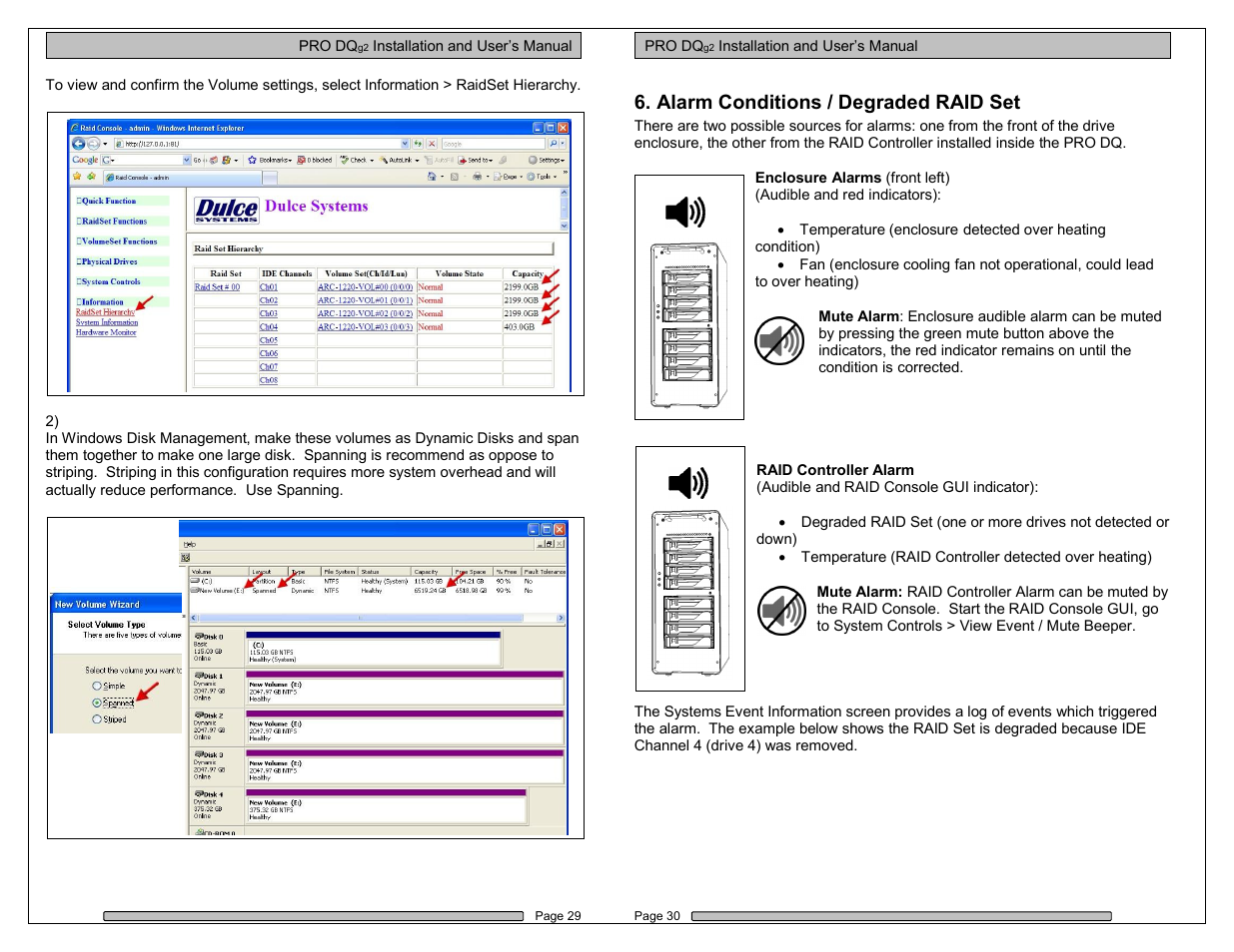 Alarm conditions / degraded raid set | Dulce Systems PRO DQxc User Manual | Page 15 / 20