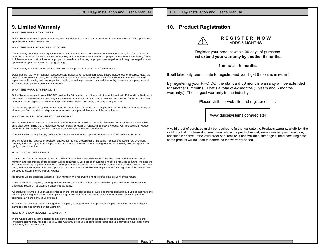 Limited warranty, Product registration | Dulce Systems PRO DQxc User Manual | Page 19 / 20