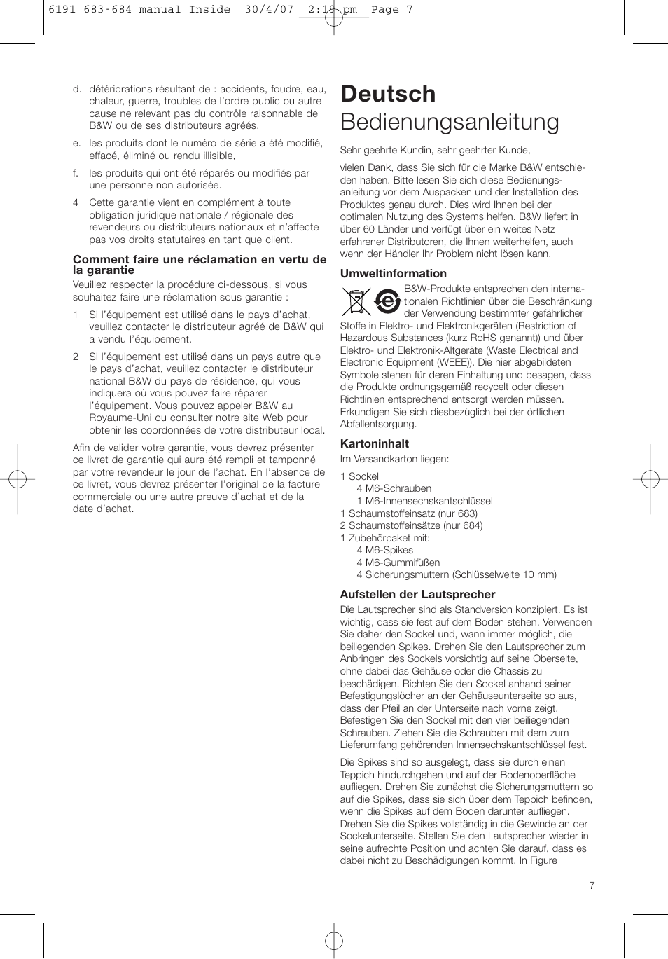 Deutsch bedienungsanleitung | Bowers & Wilkins 683 User Manual | Page 10 / 48