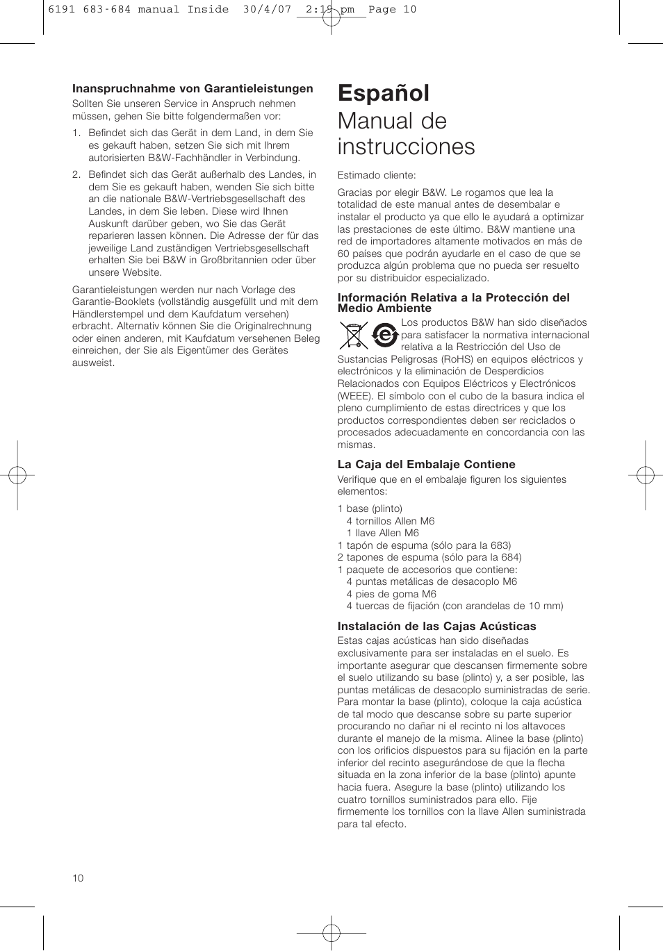 Español manual de instrucciones | Bowers & Wilkins 683 User Manual | Page 13 / 48