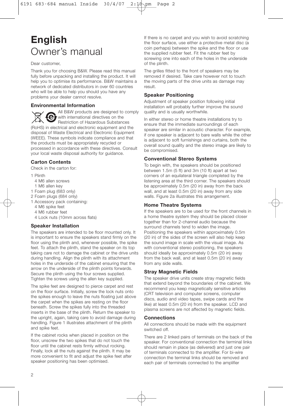 English owner’s manual | Bowers & Wilkins 683 User Manual | Page 5 / 48