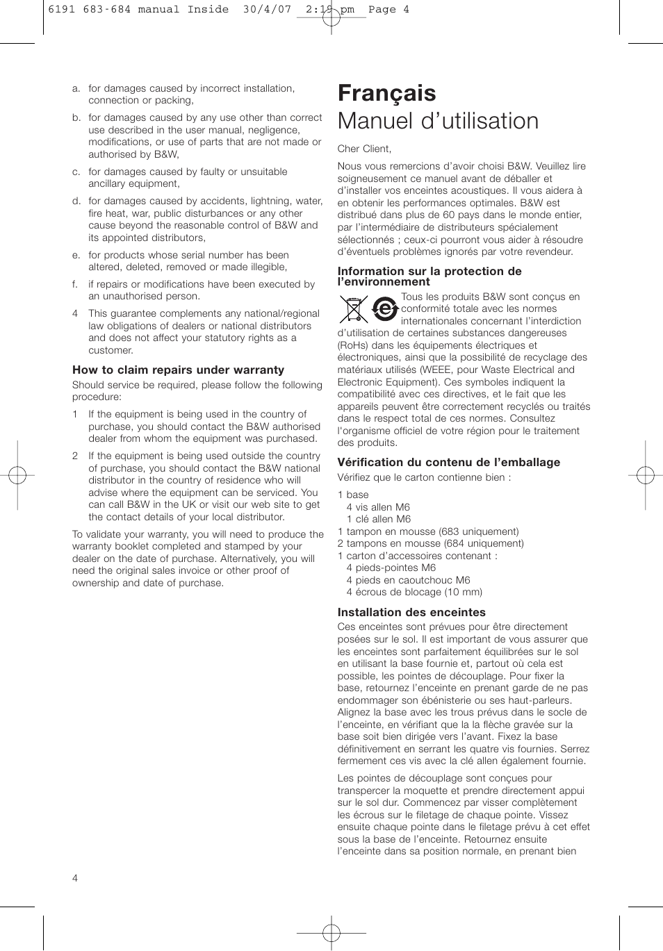 Français manuel d’utilisation | Bowers & Wilkins 683 User Manual | Page 7 / 48