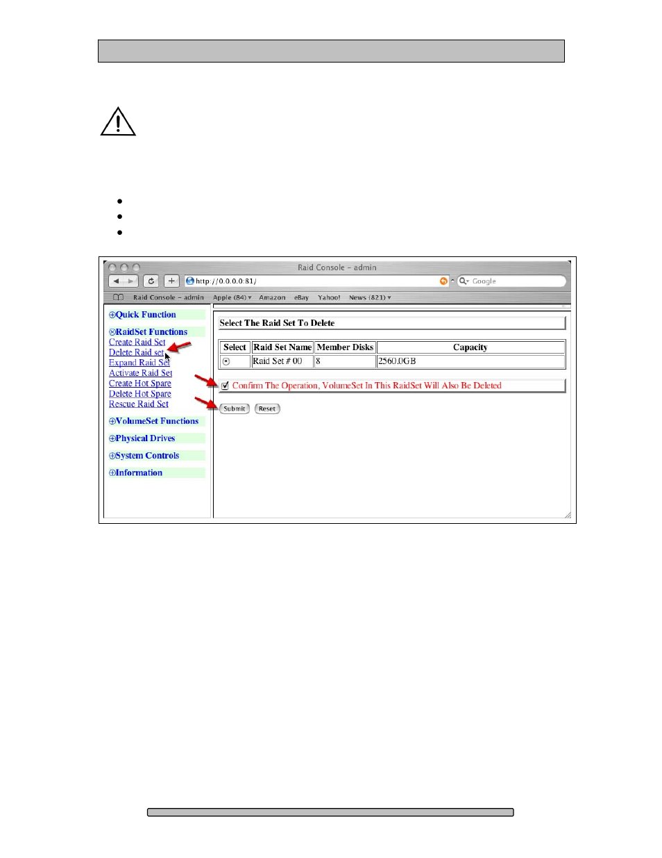 Change raid mode – deleting / creating, Delete the raid set | Dulce Systems PRO Mini User Manual | Page 28 / 48