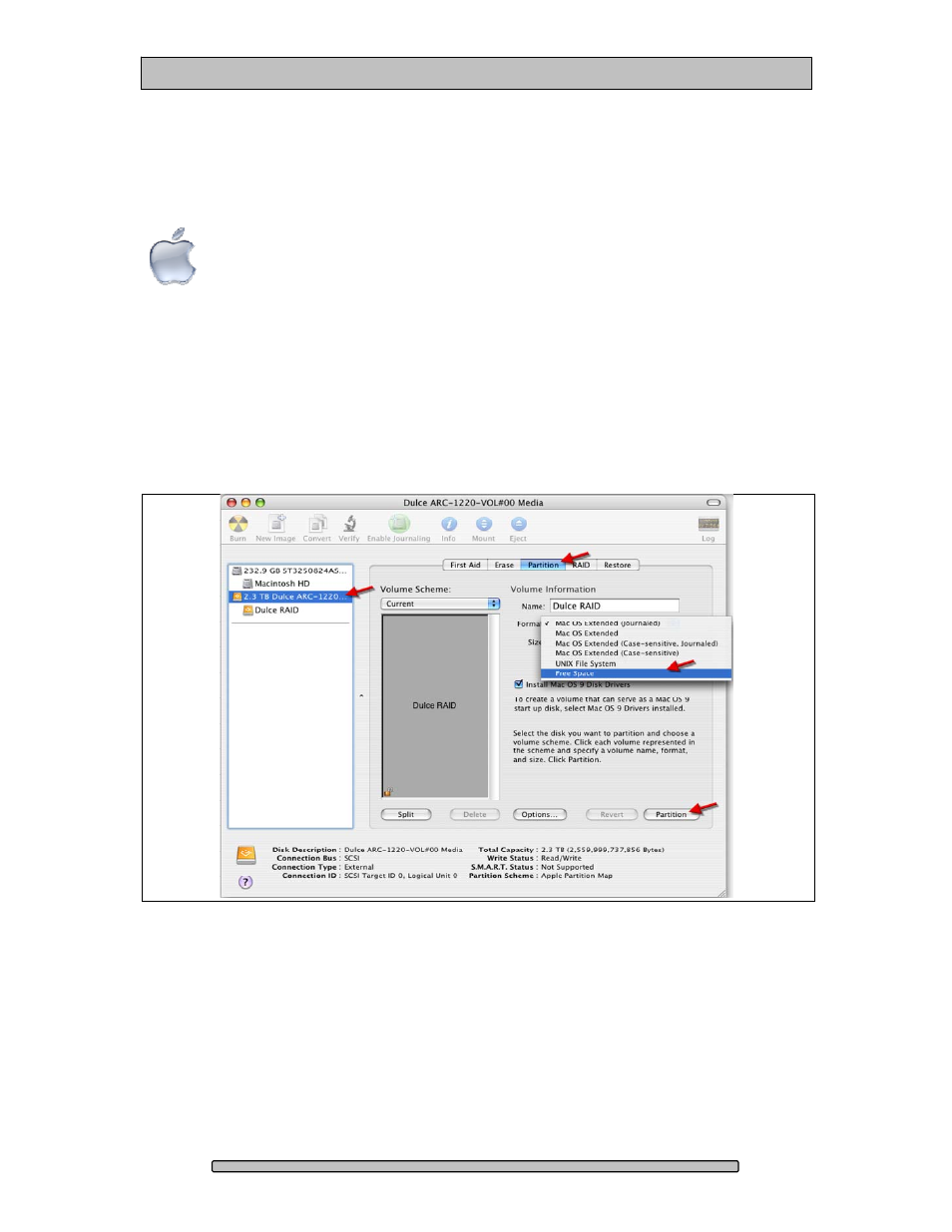 Formatting and partitioning, Apple os x formatting, Erase an existing partition | Dulce Systems PRO Mini User Manual | Page 34 / 48