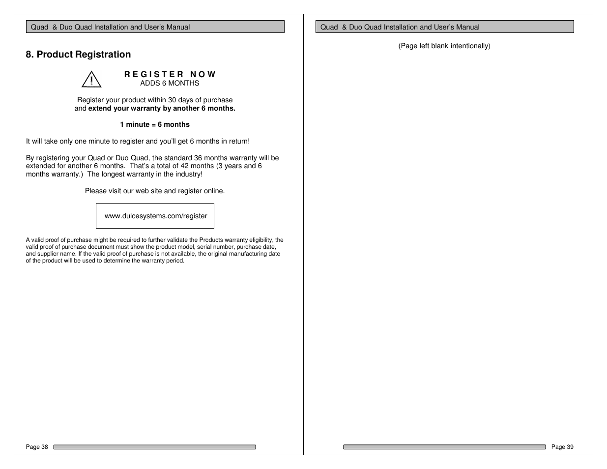 Product registration | Dulce Systems Duo Quad User Manual | Page 20 / 21