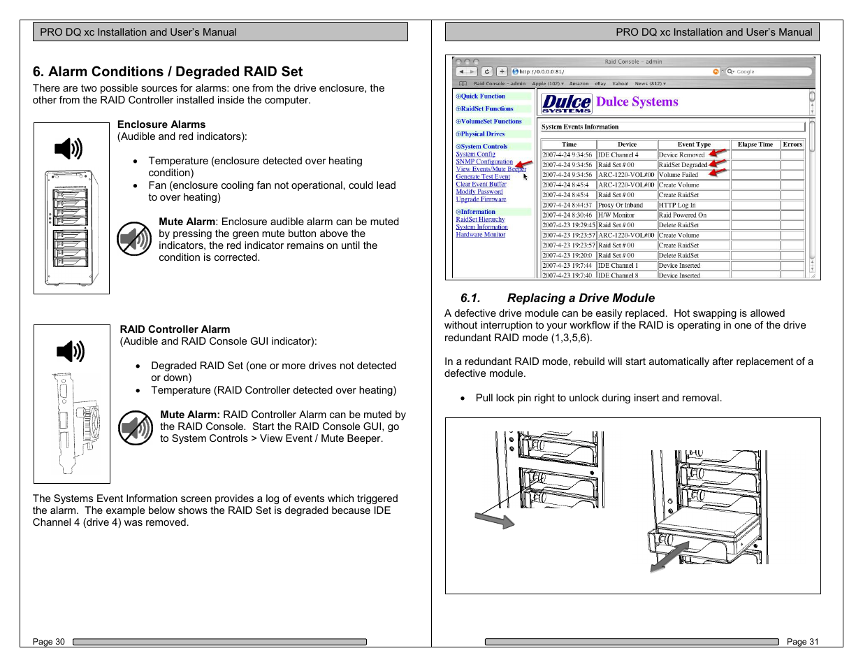 Alarm conditions / degraded raid set | Dulce Systems PRO DQ xc User Manual | Page 16 / 21