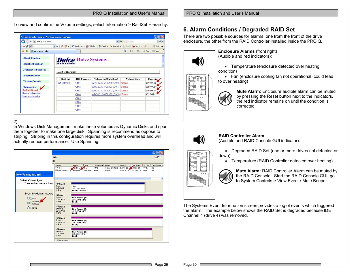 Alarm conditions / degraded raid set | Dulce Systems PRO Q User Manual | Page 15 / 20