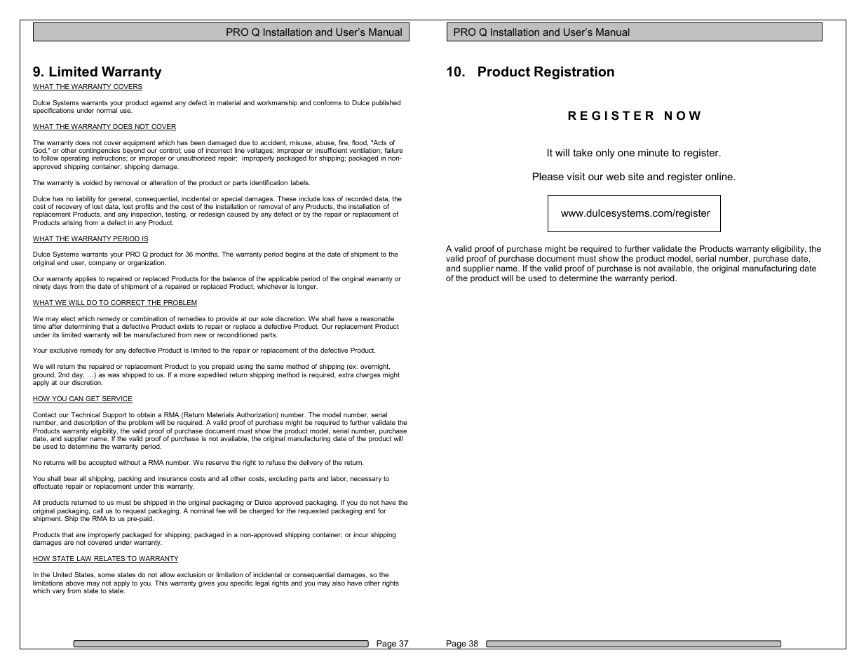 Limited warranty, Product registration | Dulce Systems PRO Q User Manual | Page 19 / 20