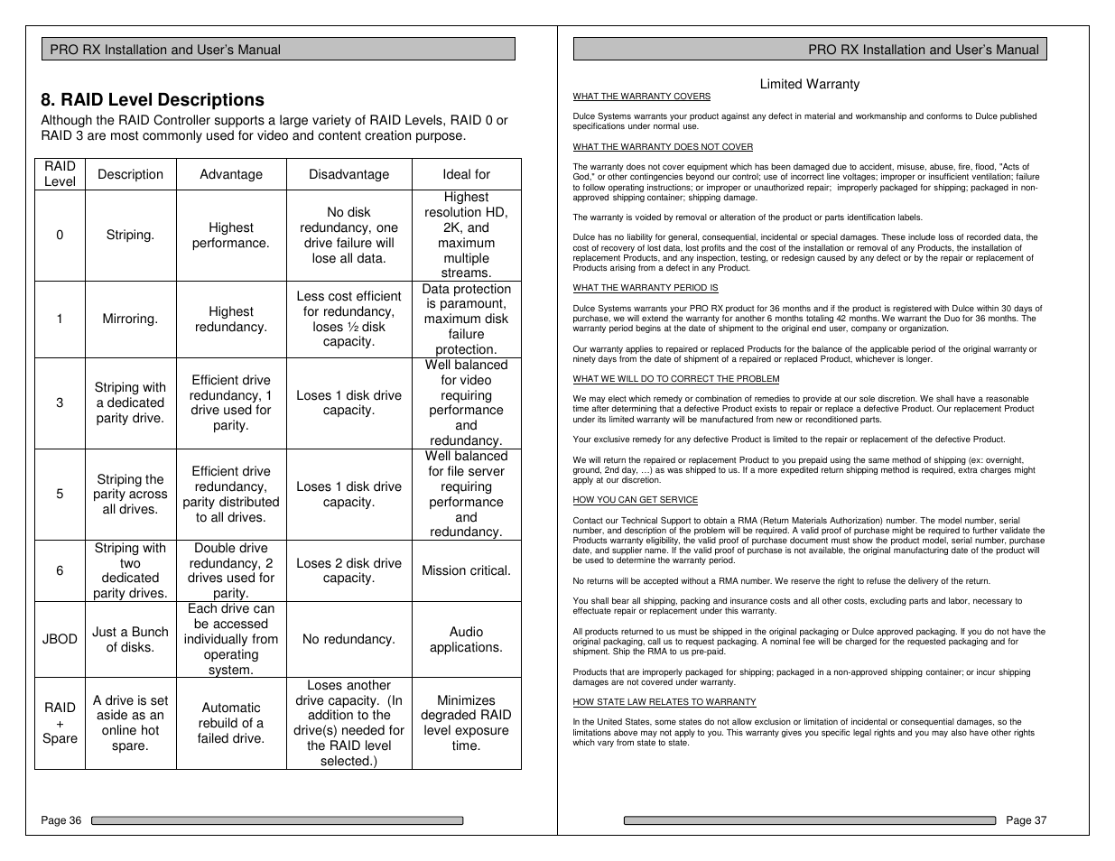 Raid level descriptions | Dulce Systems PRO RX User Manual | Page 40 / 84