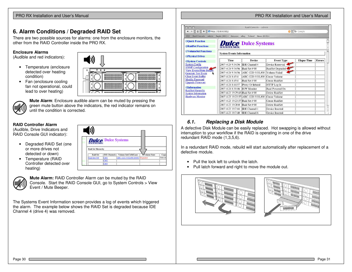 Alarm conditions / degraded raid set | Dulce Systems PRO RX User Manual | Page 58 / 84