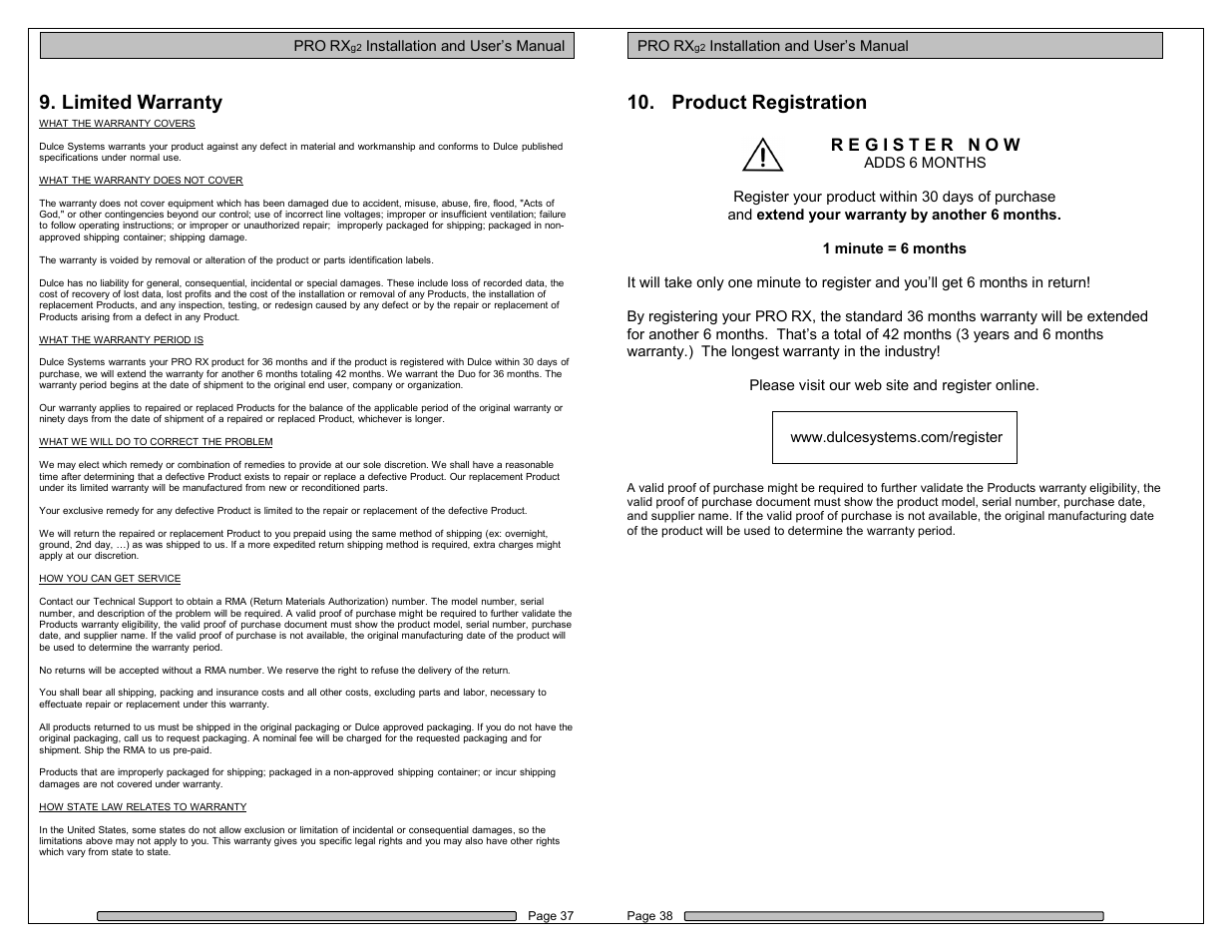 Limited warranty, Product registration | Dulce Systems PRO RX Users Manual User Manual | Page 19 / 20